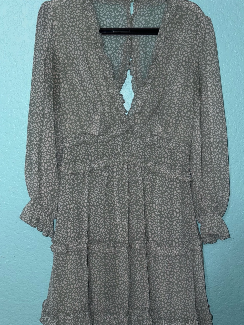 Green Floral Ruffle Tiered Long Sleeve Dress